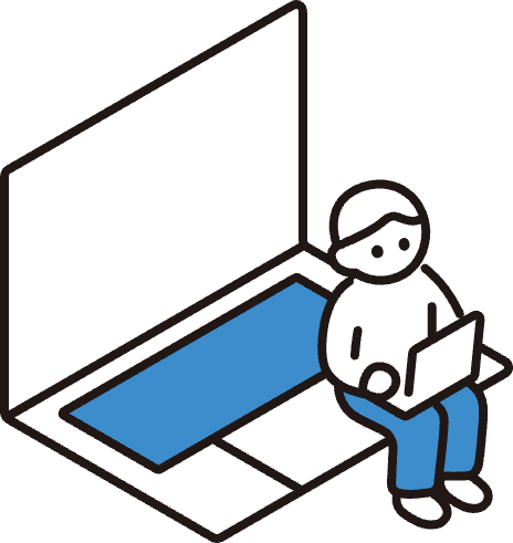 巨大なノートパソコンの上で作業する人のイラスト